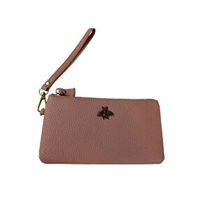 Pink Leather Wristlet Purse With Bee Design & Gold Zip Closure